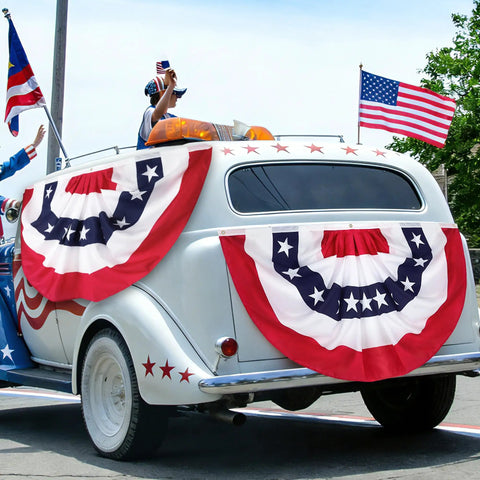 Vintage car with 3 Pack 2.5 By 5 Ft Pleated Fan Flags Set For Outdoors And Indoors All American Red White Blue Half Fan Bunting