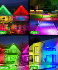 Outdoor Solar Color Changing Spot Lights Four Pack With Seven Modes Including Six Fixed Colors And Auto Change illuminating various outdoor settings including garden, yard, Christmas scene, and wall.