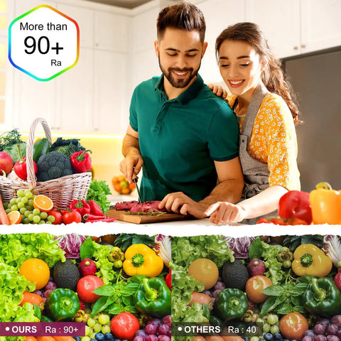 Couple in kitchen with vegetables demonstrating Ra 90+ lighting for Warm White 3000K LED Strip Light 16.4ft 24V DC COB Dimmable Tape Lights