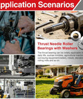 Heavy Duty Thrust Needle Roller Bearings With Washers shown in various application scenarios like bicycles and lawn mowers.
