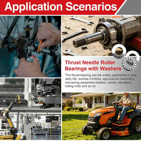 Heavy Duty Thrust Needle Roller Bearings With Washers shown in various application scenarios like bicycles and lawn mowers.