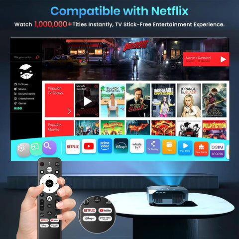 Ultra Bright 4K Outdoor Projector With WiFi 6 And Bluetooth 5.3 Netflix Ready streaming interface with remote control