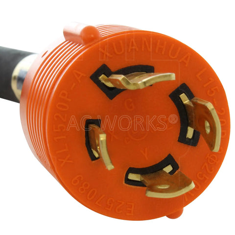 Close-up of the plug on Locking NEMA L15-20 Extension Cord 20A 250V 12/4 SOOW Rubber, 3-Phase Industrial Power Cord