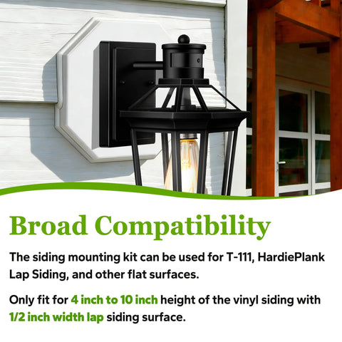 Two Pack White Vinyl Siding Mounting Blocks For Siding Heights Four To Ten Inches, Fits Flat Surfaces Like T111 And HardiePlank, Includes Half Inch Lap Siding Surface, Durable Exterior Mounting Kit. White vinyl siding mount block on T-111 wall with black lantern
