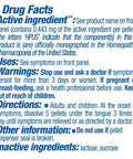 Details of drug facts and usage instructions for a homeopathic medicine, includes warnings and directions.