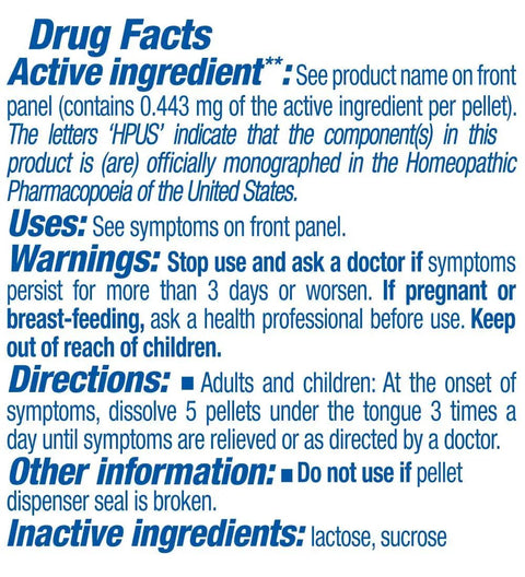 Details of drug facts and usage instructions for a homeopathic medicine, includes warnings and directions.