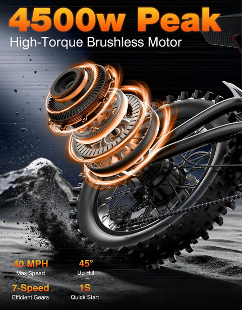 All Terrain Electric Dirt Bike For Adults And Teens With 4500W Peak Motor showing high-torque motor and off-road tire.