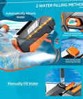 Close-up of Electric Water Gun For Adults And Kids Auto Filling Squirt Gun showing auto absorb and manual fill methods