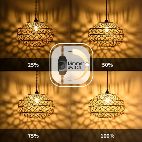 Boho Macrame Pendant Light With Plug In Cord And Dimmer Switch Dark Linen Hemp Rope Lampshade Hanging Light Fixture For Bedroom And Living Room Easy Plug In Bohemian Decor showcasing dimmer settings from 25% to 100%.