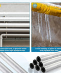 Eight Three Foot Pipe Insulation Foam Tubes With Self Adhesive Foam Wrap Includes A Roll Aluminum Foil Tape And 25 Cable Ties For Outdoor Winter Irrigation Spigot And Sprinkler Protection No Fuss Inner Diameter Three Quarter Inch shown insulating pipes and preventing icicles