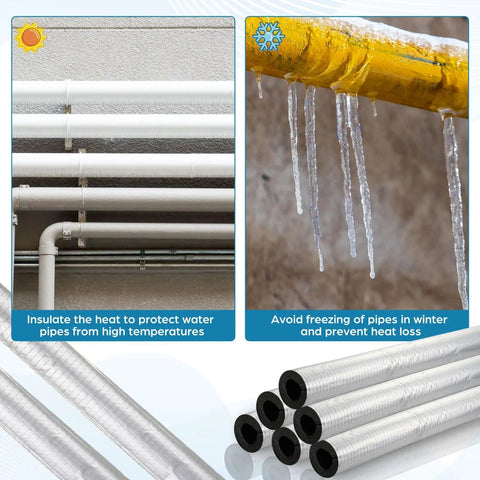 Eight Three Foot Pipe Insulation Foam Tubes With Self Adhesive Foam Wrap Includes A Roll Aluminum Foil Tape And 25 Cable Ties For Outdoor Winter Irrigation Spigot And Sprinkler Protection No Fuss Inner Diameter Three Quarter Inch shown insulating pipes and preventing icicles