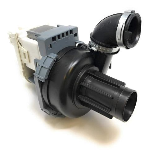 Dishwasher Circulation Pump Replacement W10510667 with Oetiker Clamp, black and gray parts visible, angled view.