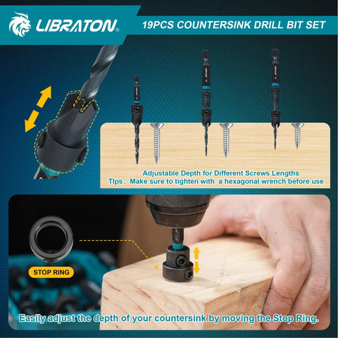 Countersink Drill Bit Set For Woodworking, 19 Piece Set With Tapered Bits, Wood Plug Cutters, and Extendable Bit Holder by Libraton.