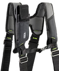 Close-up of black 1680 Denier Poly Framer's Tool Belt with Suspenders in ballistic ripstop fabric showing padded shoulder straps.