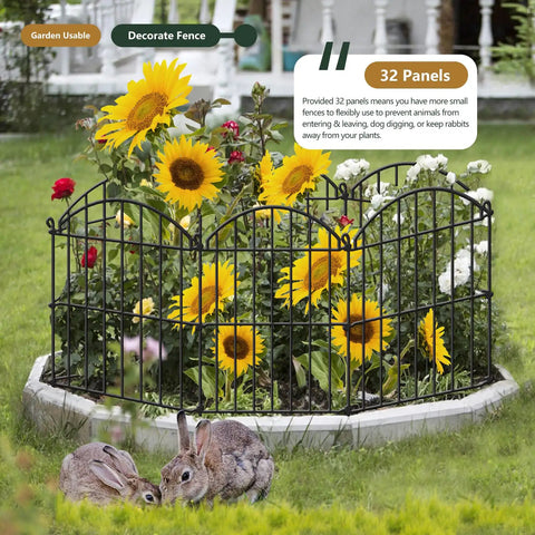 34ft 32 Panel Arch Metal Garden Fence For Rabbits And Dogs Rustproof Border Fencing With sunflowers and rabbits.