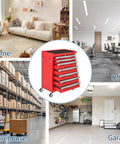 Seven Drawer Rolling Tool Chest With Lock Heavy Duty Modular Steel Toolbox shown in home, office, warehouse, and garage settings.