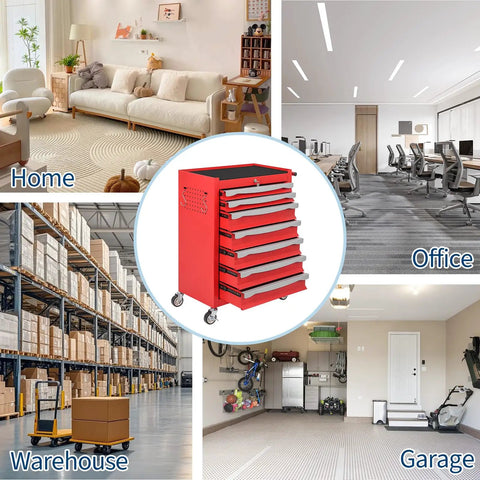 Seven Drawer Rolling Tool Chest With Lock Heavy Duty Modular Steel Toolbox shown in home, office, warehouse, and garage settings.