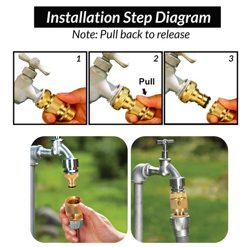 Step-by-step installation of Brass Garden Hose Quick Connect Fittings Three Quarter Inch GHT Leak Proof for easy hose setup.