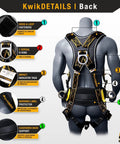 Solid As A Rock Full Body Fall Protection Safety Harness With Cushioned Lumbar Pad multiple D ring attachment points quick lock buckles back view with D-ring and cushioned support