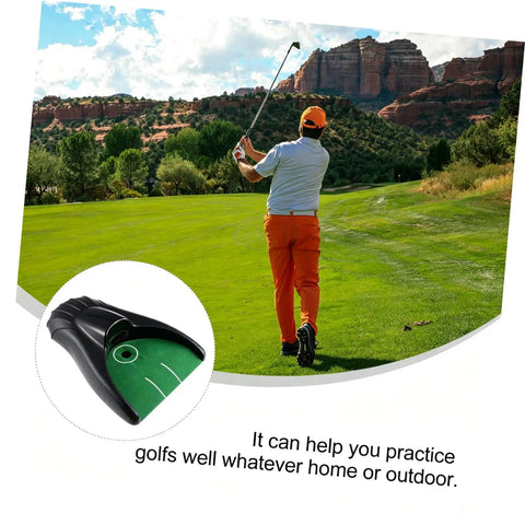 Golfer on course with Auto Return Golf Practice Cup System No Battery Required Lightweight Plastic Training Aid in circle inset
