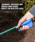 Ergonomic handle of 36 inch reacher grabber tool for easy trash and yard cleanup with blue grip and contoured design for comfort.
