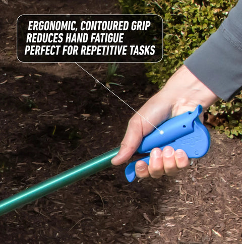 Ergonomic handle of 36 inch reacher grabber tool for easy trash and yard cleanup with blue grip and contoured design for comfort.