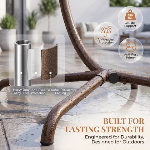 Outdoor Egg Chair With Stand For Patio Backyard Hanging Swing Chair With Foldable Rattan UV Resistant Padded Cushion 350 Lb Capacity Beige Cozy And Chill, showing rust-resistant stand detail