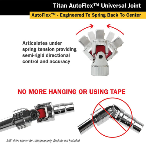 Auto Flex Universal Joint Socket Set Three Piece with 1/4 3/8 1/2 inch drives showing engineered spring tension and detent ball.