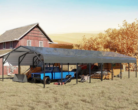 20x52 Foot All Weather Industrial Carport Kit With Steel Garage For Class A RVs And Farm Equipment, installed on a farm