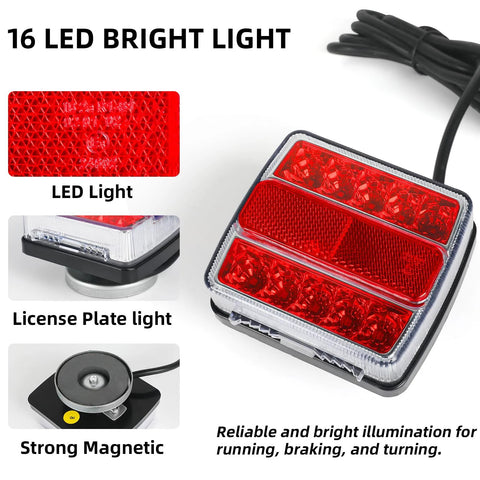 Front view of magnetic LED trailer light kit with red dual-lens tail light, license-plate light, and strong magnet.