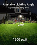 House with Beefy 4 Head Solar Security Flood Lights illuminating a 1600 sq. ft. yard at night, showing 270-degree coverage.