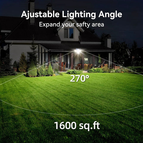 House with Beefy 4 Head Solar Security Flood Lights illuminating a 1600 sq. ft. yard at night, showing 270-degree coverage.
