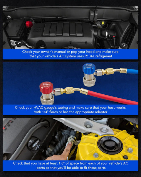 R134a Quick Coupler Adapters 2 Pack High Low Pressure Connectors for Auto AC Service, Adjustable Quick Couplers for Cars, Trucks, and SUVs, Durable Build, Leak Free Seal, Fits Most Systems, Easy Install on engine bay AC ports