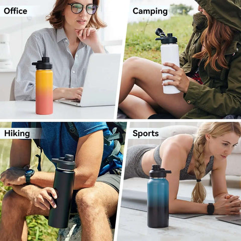 24 Oz Insulated Water Bottle With Handle, 304 Stainless Steel, Wide Mouth, in various activities like office, camping, and hiking