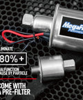 Close-up of Inline 12V Universal Electric Fuel Pump Low Pressure Five To Nine PSI For Gas And Diesel with pre-filter attachment.