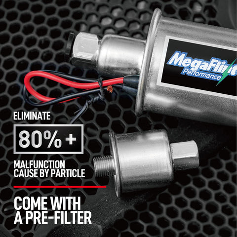 Close-up of Inline 12V Universal Electric Fuel Pump Low Pressure Five To Nine PSI For Gas And Diesel with pre-filter attachment.
