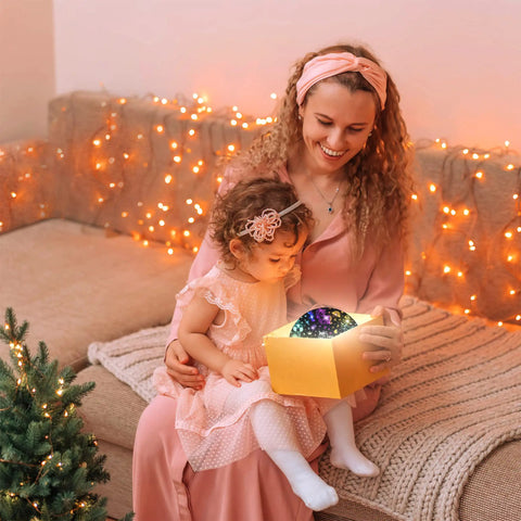 Mother and daughter with Epic 360 Degree Rotating Night Light Projector For Kids With Timer, cozy bedroom setting