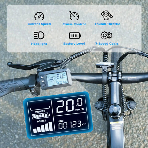 Handlebars of Powerful 750W Electric Bike For Adults, City Cruiser With 20 MPH Top Speed, 7 Speed Gearing, digital display visible