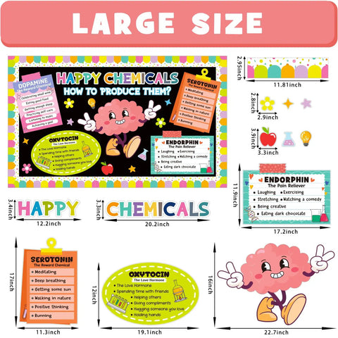Large size therapy office bulletin board decoration set for mental health classrooms with happy chemicals poster and brain cutout.