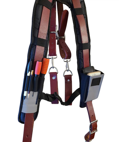 Premium Leather Tool Belt Suspenders with Extra Thick Padding, Contoured Yoke for Back Support and Even Load Distribution