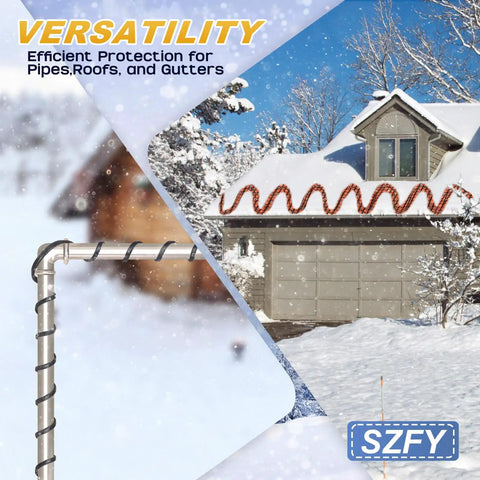 Heavy Duty Water Pipe Heat Tape for Freeze Protection, Roof and Gutter Deicing Cable shown on snowy roof and pipe
