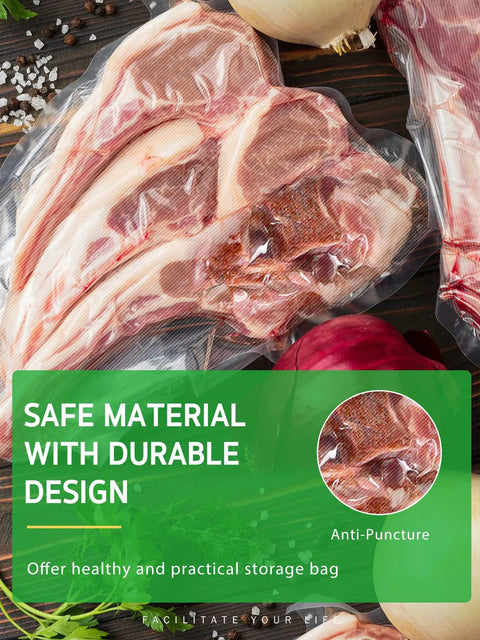 Two Rolls 8 Inch By 50 Foot Vacuum Sealer Bags For Storage, Meal Prep And Sous Vide, BPA Free, showing sealed meat.