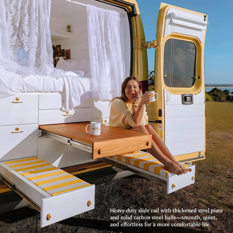 Woman enjoying coffee on a van's slide-out table supported by 72 Inch Beefy Heavy Duty Drawer Slides 500 Lbs Side Mount Locking Full Extension Ball Bearing Glides For RV Trucks Generators Tool Box 3 Section Steel Rails 1 Pair.