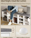 Cushioned Shoe Storage Bench with 9 cubbies and adjustable shelves in white, used in a hallway for easy shoe access.