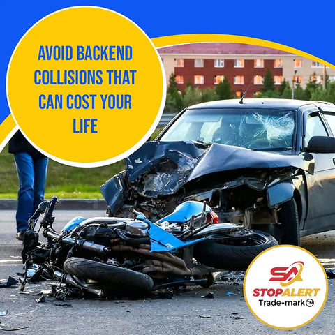 Car and motorcycle collision scene emphasizing the need for 60X Plus Universal Brake Flasher For Stop Bulbs And Tail Lights With Pre Programmed Patterns Rapid Flash Low Flash And Steady LED Relay Upgrade So Your Ride Stands Out On Any Car Truck Or Motorcycle 5 Amp 60 Watt safety features.