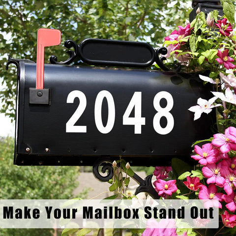 Mailbox with 2048 in large 3 inch reflective white vinyl numbers with flowers, Large 3 Inch Reflective Mailbox Numbers Set.