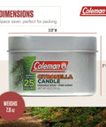 Front view of Pine Scent Citronella Candle With Wooden Crackle Wick Outdoor 6 Ounce Tin dimensions and branding visible.