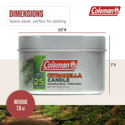 Front view of Pine Scent Citronella Candle With Wooden Crackle Wick Outdoor 6 Ounce Tin dimensions and branding visible.
