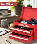 Mini Metal Tool Box With Two Drawers And Top Storage on office desk, filled with office supplies, red cold rolled steel organizer.