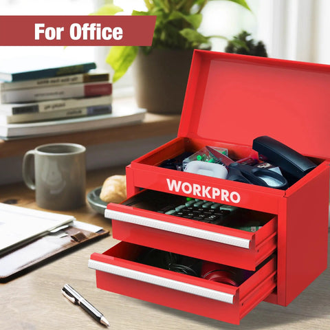 Mini Metal Tool Box With Two Drawers And Top Storage on office desk, filled with office supplies, red cold rolled steel organizer.